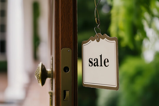 Wooden door with a 'sale' tag hanging, offering potential discounts and deals, inviting customers to explore opportunities behind the open door.
