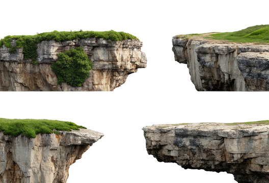 Majestic floating cliffs isolated on black background with lush green grass and foliage above rocky