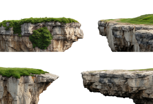 Majestic floating cliffs isolated on black background with lush green grass and foliage above rocky
