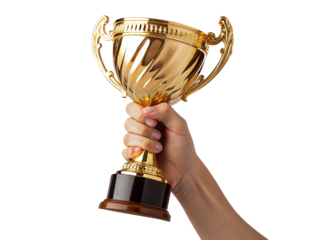 Golden trophy held in victorious hand representing success and achievement in sports or business