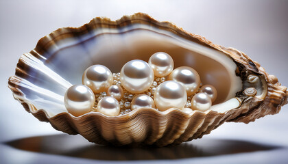 a beautiful arrangement of delicate pearls nestled inside an open oyster shell