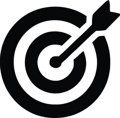 Dart hitting target, target with arrow icon. Black target icon, bullseye logo editable vector illustration. 