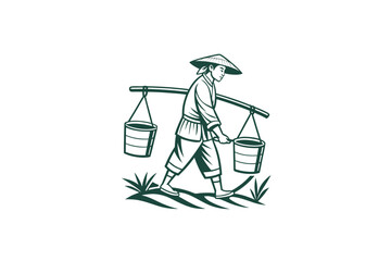Vintage Style Farmer Carrying Water Buckets with Shoulder Pole Silhouette Illustration
