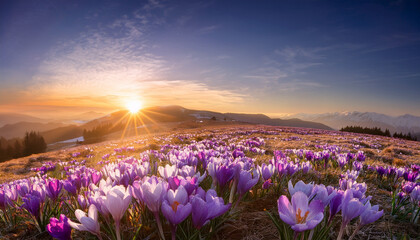 a vibrant field of blooming crocuses at sunrise creating a serene landscape