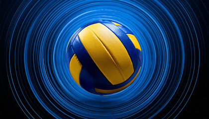 spinning volleyball with blue and yellow panels transparent background highlighting athletic equipment design