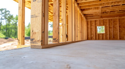Framing of a residential home, showcasing the concrete foundation and wood structure.