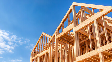 Residential construction site with wood framing under bright blue sky, showcasing progress in building a new home; emphasizing construction techniques.