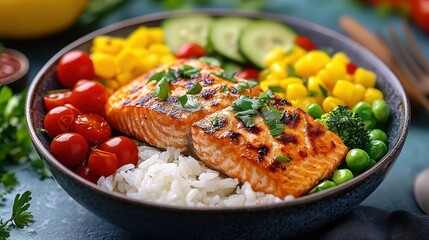 Grilled Salmon with Colorful Vegetables and Rice in a Bowl