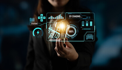 Charging interface for electric vehicles showing real-time battery level, charging status, power...
