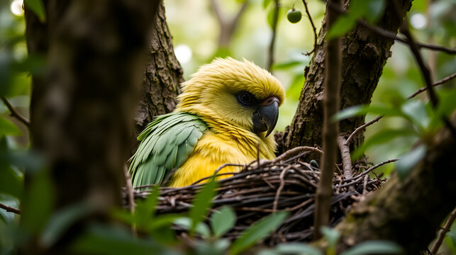 Endangered kakapo parrot nesting in new zealand's lush forests wildlife photography close-up natural habitat conservation awareness - Powered by Adobe