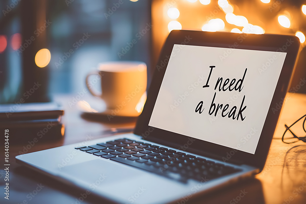 Poster taking a break: laptop screen displaying 