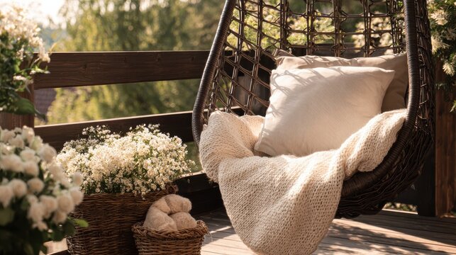 Pillow on hanging chair on terrace with blanket in basket next to flowers. Real photo, no logos, no brands