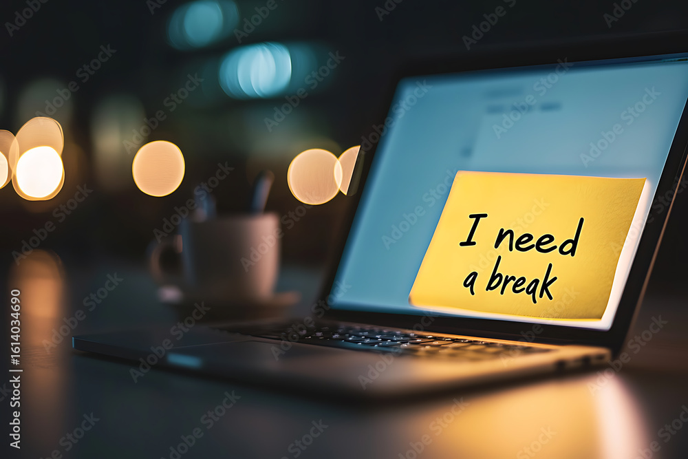 Aufkleber laptop with sticky note saying 