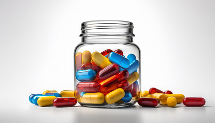 clear glass jar filled with colorful capsules and tablets including red yellow and blue on white background
