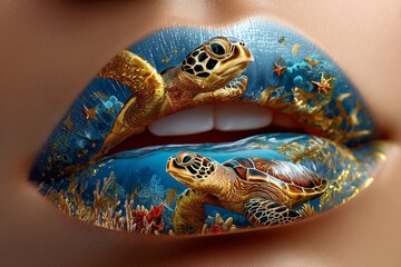 A close-up of lips painted with a vibrant underwater scene featuring turtles and fish. The image captures a creative and artistic transformation.