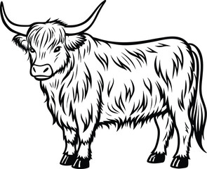 Highland cow silhouette, longhorn cattle line art, farm animal vector, rustic livestock drawing, minimal rural icon