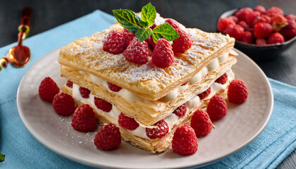 indulging in the delicate layers of mille feuille adorned with raspberries and mint