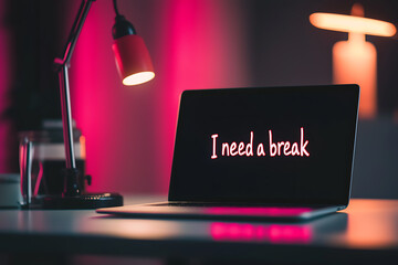 Desk setup with a laptop displaying the phrase "I need a break." Accompanied by desk lamps and a cozy, illuminated atmosphere, suggesting a need for downtime.