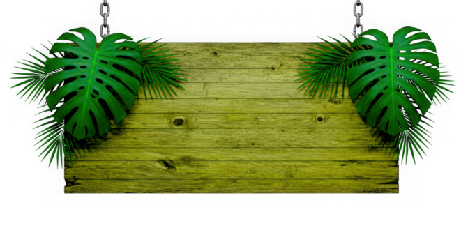 Rustic wooden sign adorned with lush tropical leaves hanging from chains isolated on transparent background