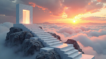 White Stairs and Pedestal on a Mountain Peak at Sunset