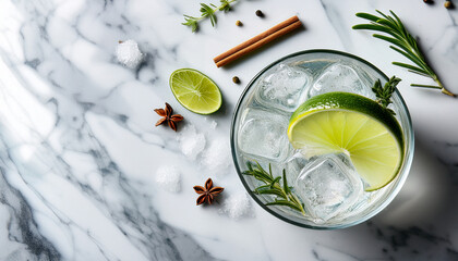 alcohol beverage a revitalizing gin and tonic cocktail garnished with lime spices and ice displayed over a marble background from a top view