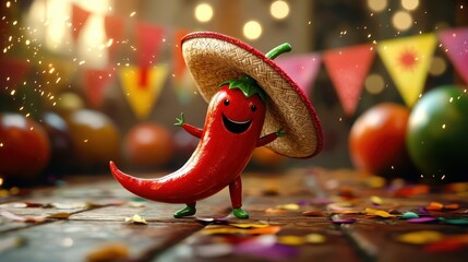 Playful Cartoon Chili Pepper Character with Sombrero at Festival