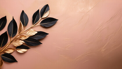 black and gold leaf branch on peach textured background generative ai