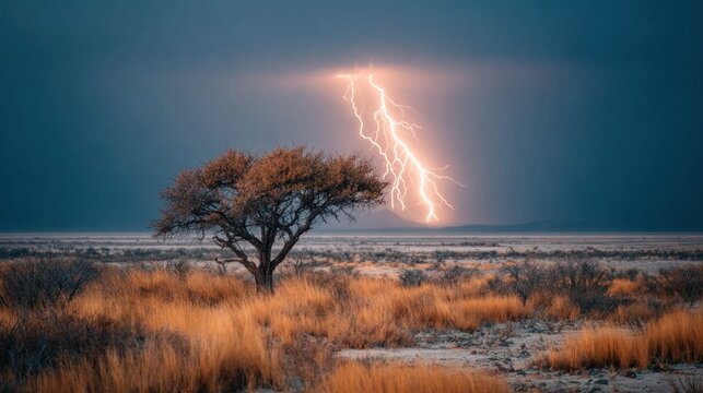 Dramatic lightning strike over a lone tree in a dry, golden landscape