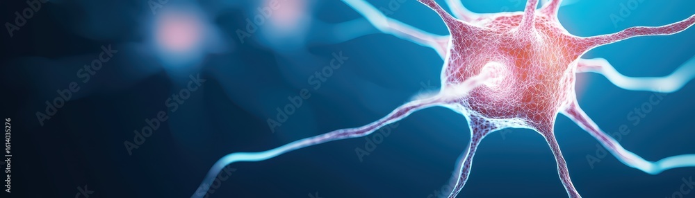 Poster close-up view of neuron with synaptic connections in blue