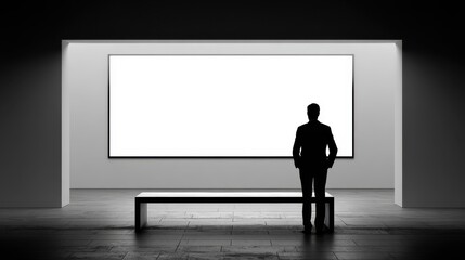 Obraz premium Businessman standing in modern exhibition room with blank projection screen and bench. Education and presentation concept. Mock up, no logos, no brands