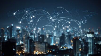 International geolocation concept with digital world map and white pinpoints connected by lines on night city skyscrapers background. Double exposure, no logos, no brands