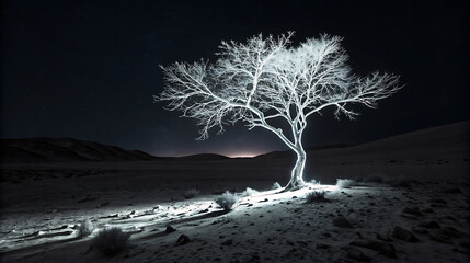 A lone tree glows under a starry night sky in the desert