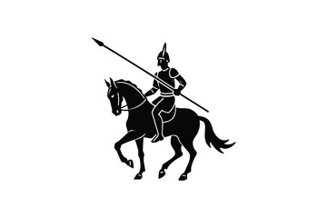 Medieval Knight on Horseback with Spear in Black Silhouette Style Against White Background silhouette