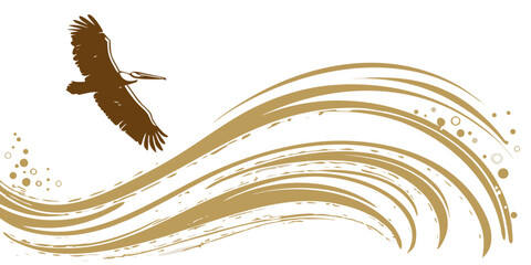 Obraz premium magnificent eagle soaring above flowing golden waves with scattered particles and wind currents isolated on white background.