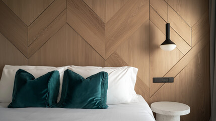 A bedroom with pillows and geometric wood and wall patterns and hanging lights. A close-up of a beautiful abstract work of art. Luxurious bedroom interior design. Filled with natural light