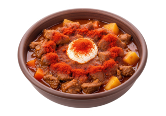 Hungarian Goulash with Paprika and Sour Cream in Rustic Bowl