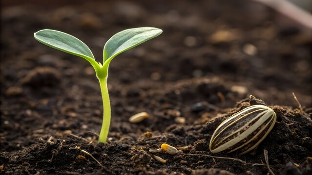 Young green seedling emerging from rich soil next to a sunflower seed