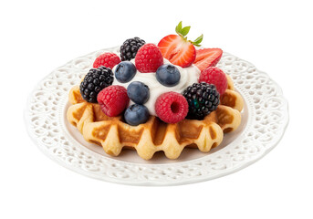 Waffle with Berries and Cream on White Plate