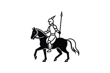 Medieval Knight with Spear Riding Horse in Black and White Silhouette