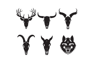 Collection of animal skulls and wolf head silhouette