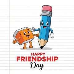 Joyful cartoon pencil and eraser characters celebrating friendship day with happy expressions