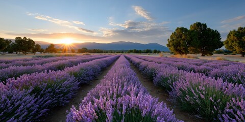 Obraz premium lavender field in full bloom at golden hour background
