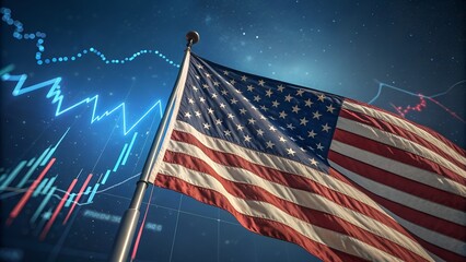 American flag waving against a backdrop of financial stock market data