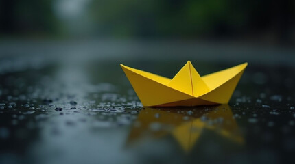 A Small Yellow Paper Boat Floating in Rain