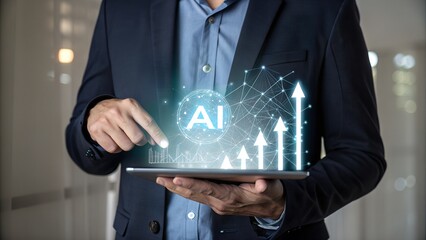 Businessman interacting with ai technology showing growth and data analysis on a tablet