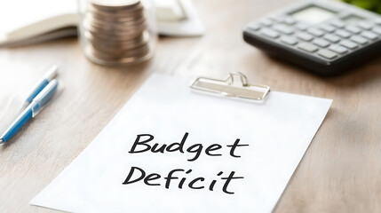 Budget Deficit Document: Analysis of financial shortfall with stacked coins, pens, and calculator on wooden surface for fiscal planning.