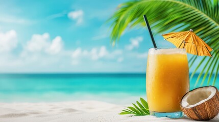 Obraz premium Refreshing Tropical Cocktail on Beach with Palm Trees