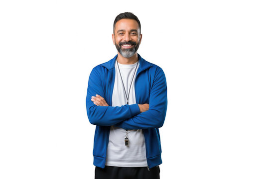 Smiling Mature Male Coach with Arms Crossed on White Background