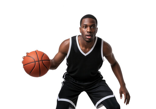Focused African American Basketball Player Dribbling Ball - Powered by Adobe