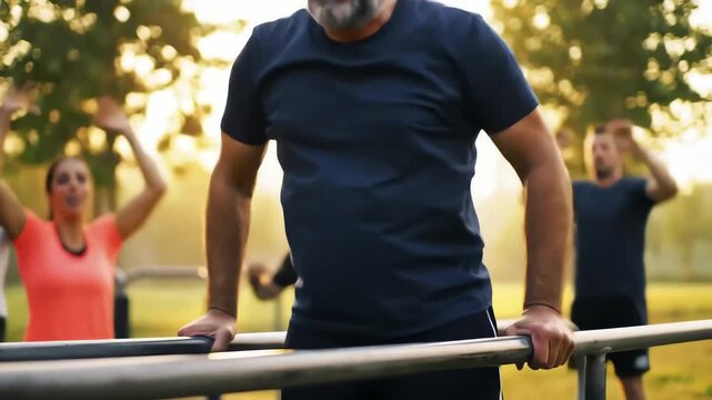 Strong mature man with a grey beard doing tricep dips on parallel bars during a sunny outdoor group workout